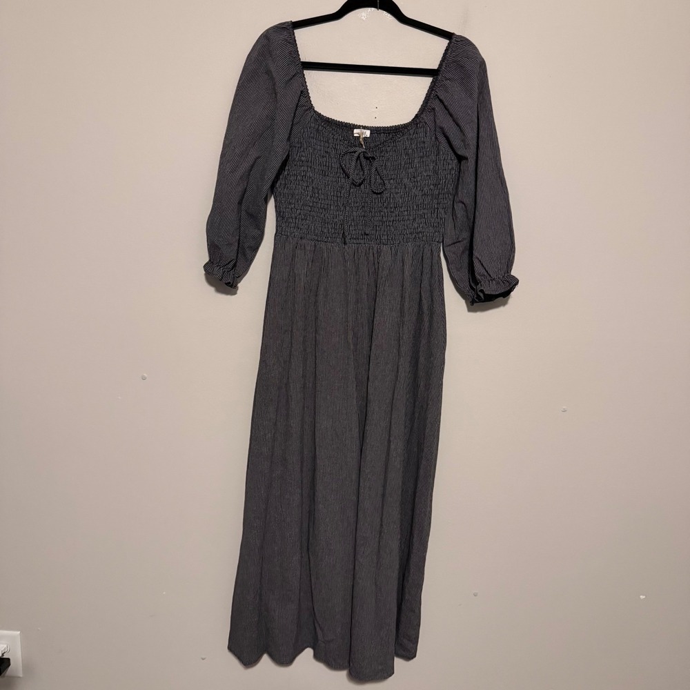 NWT Neuflora Cotton Linen Pinstripe Smocked Maxi Dress Puff Sleeve M milkmaid